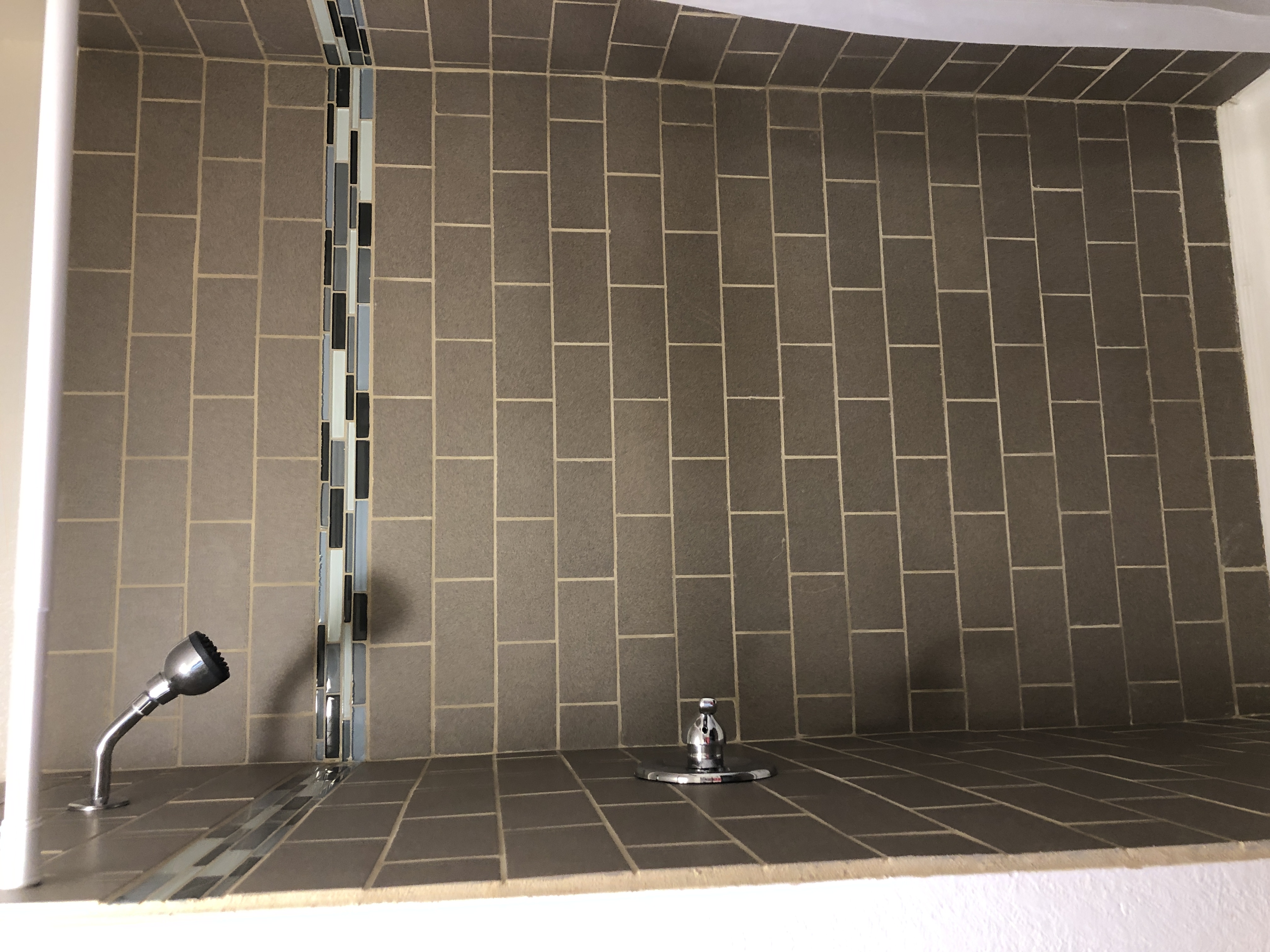 Tiled shower detail with mosaic accent band