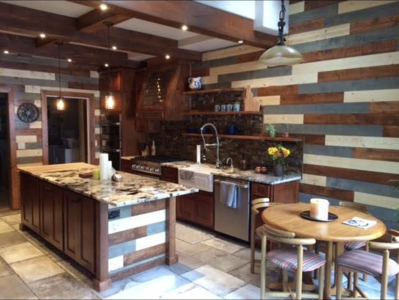 Rustic kitchen remodel with reclaimed wood accent wall